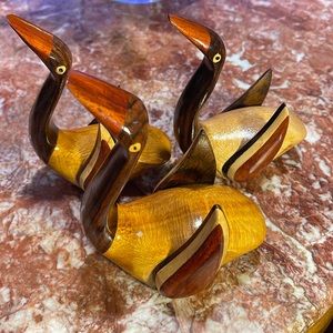 Lot of 3  TEAK INLAY WOOD HANDCARVED SWANS